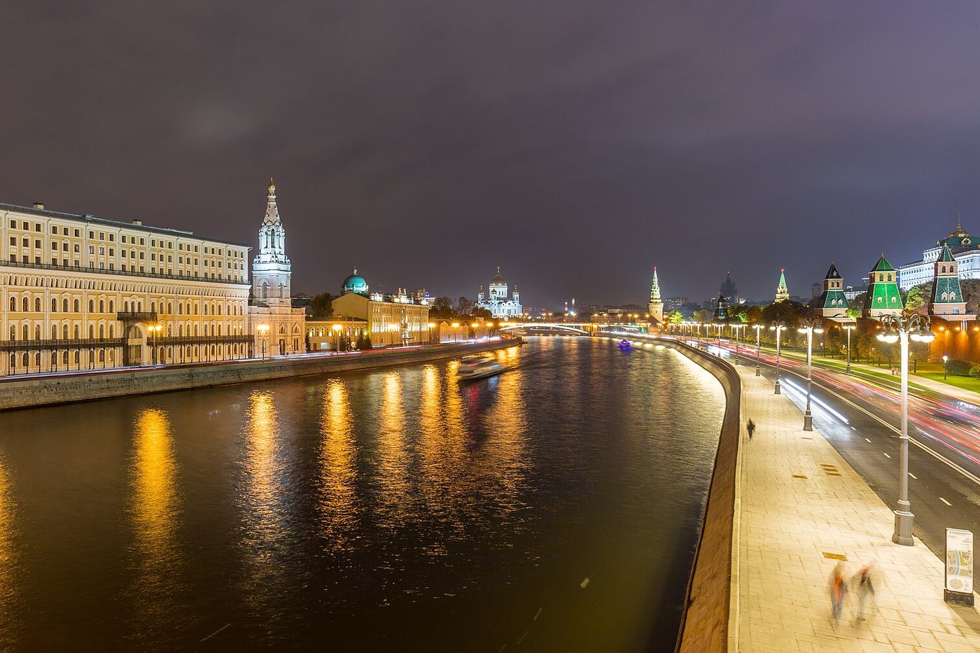 The Moskva River and the Kremlin towers at night, in Moscow