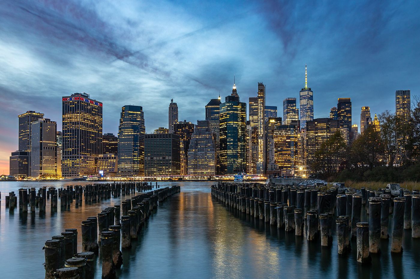 The Lower Manhattan skyline at dusk, in New York
